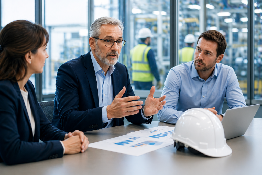 directeur qhse en discussion avec d'autres directeurs momen management de transition